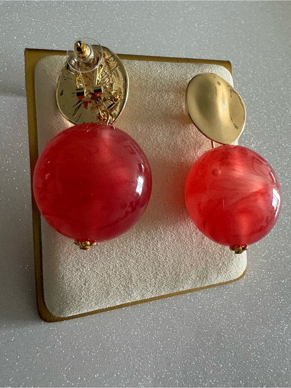 Gold Plate Earrings with Red Resin Spheres - Women Jewelry
